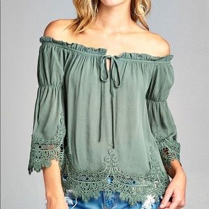Charisma crochet trim off the shoulder tie top